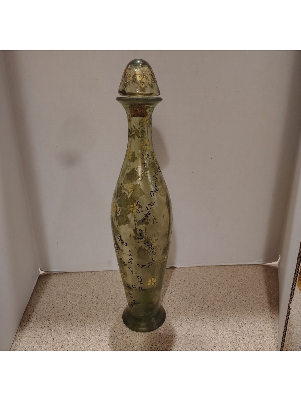 Decorative Olive Green Glass Jeanie Bottle Vase with Floral Motif & Script. MCM